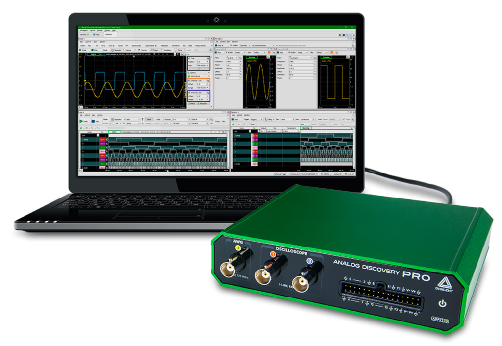 Analog Discovery Pro ADP2230 – USB Oscilloscope with Waveform Generator, Logic Analyzer, and Variable Power Supply Available for $749.00 Analog Discovery Pro ADP2230 – USB Oscilloscope with Waveform Generator, Logic Analyzer, and Variable Power Supply Available for $749.00
